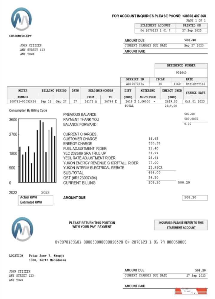 Macedonia MGI Energetika utility bill Word and PDF template